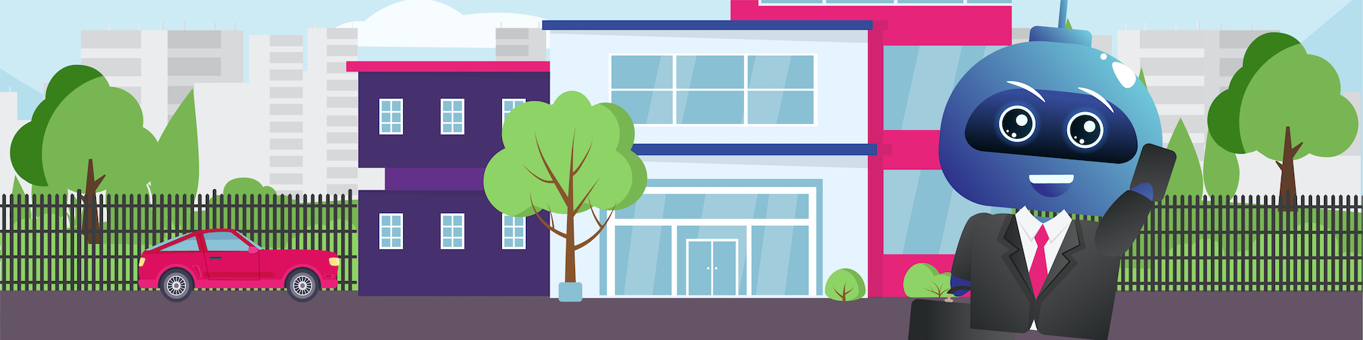 A busy office block environment, with a Beaty Bot in the foreground